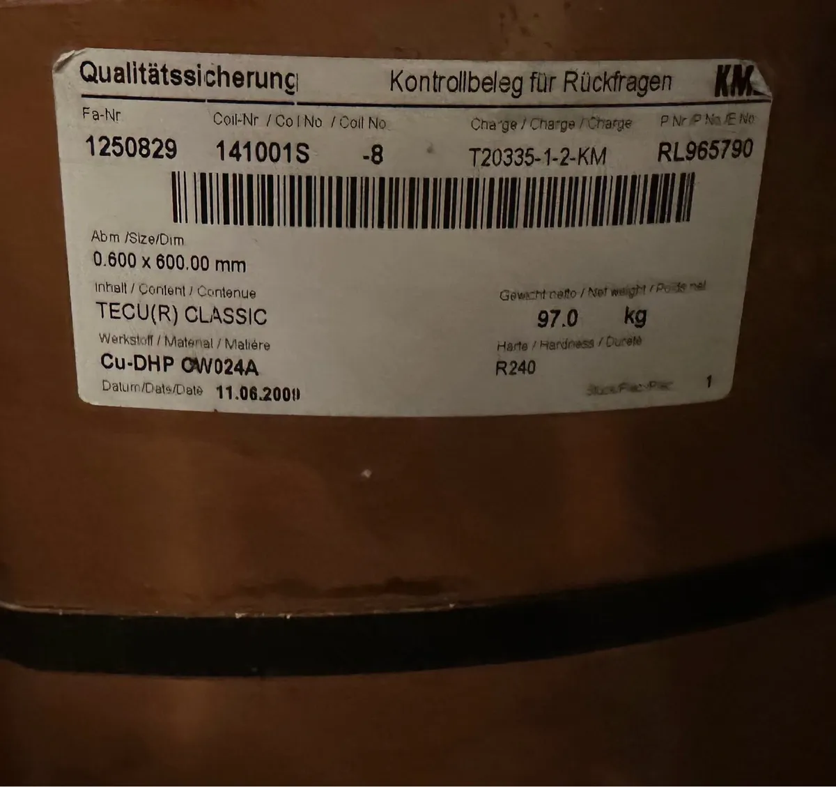 Copper sheet cut to length