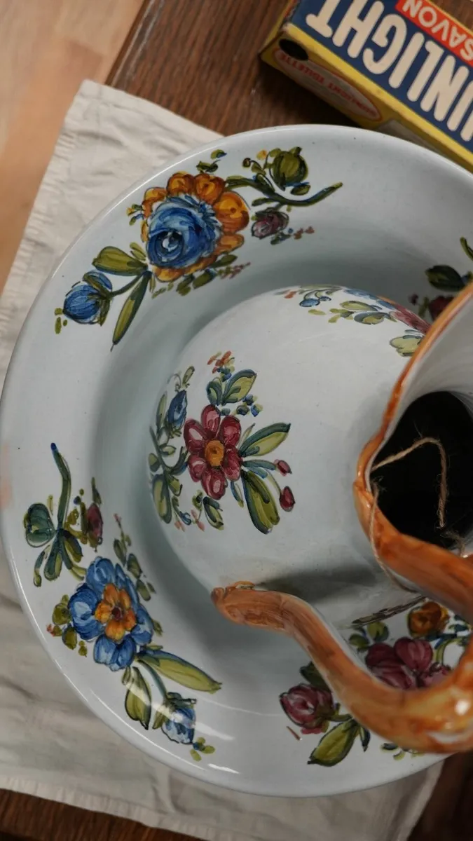Vintage Hand-Painted Floral Wash Jug & Basin Set - Image 3