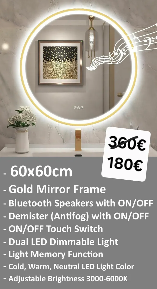 LED Bathroom Mirror Gold Frame - Image 2