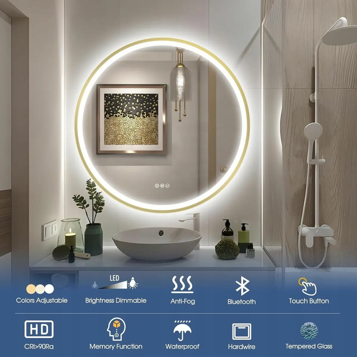 LED Bathroom Mirror Gold Frame Bluetooth Speakers - Image 1