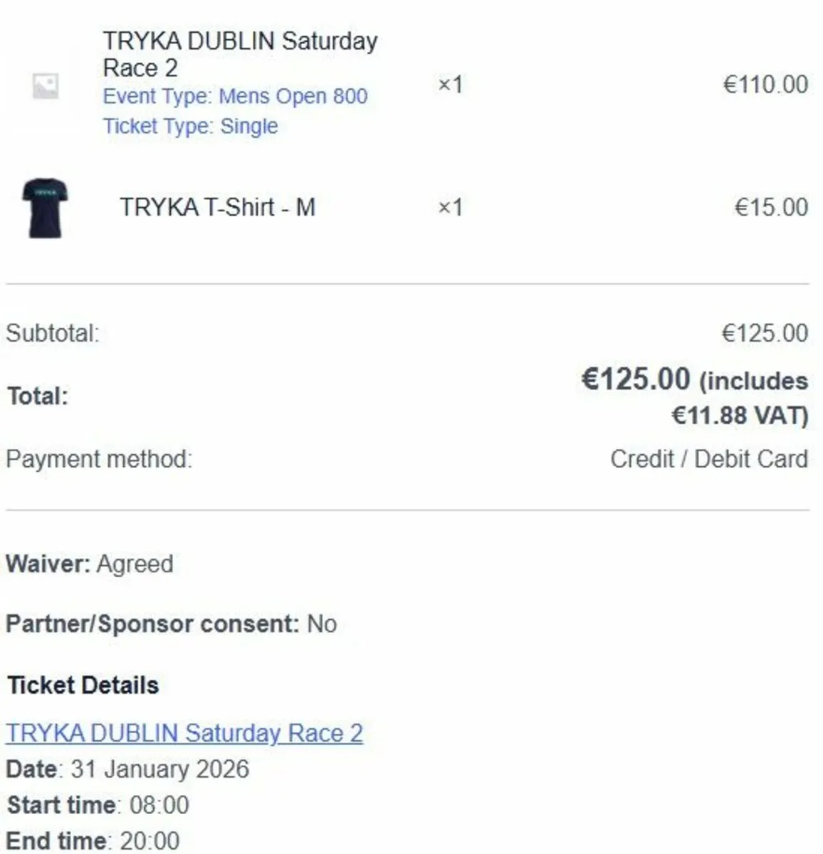 Tryka Ticket Race 2 Sat 31st of Jan Men 800 Single