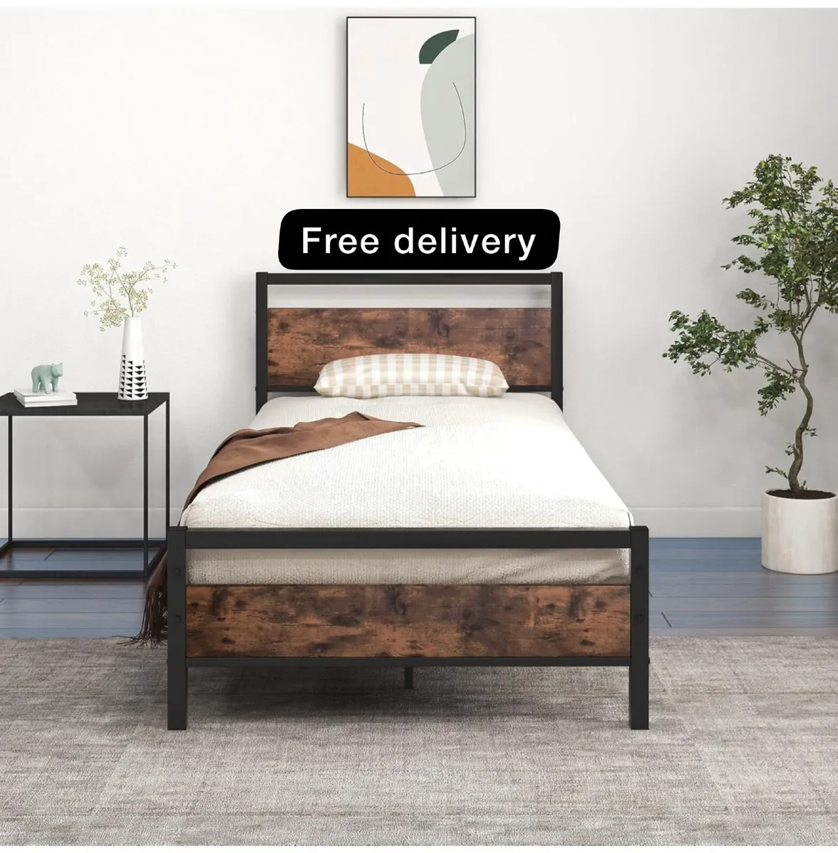 Metal Platform Bed Frame 3 FT Single with Wooden H - Image 1