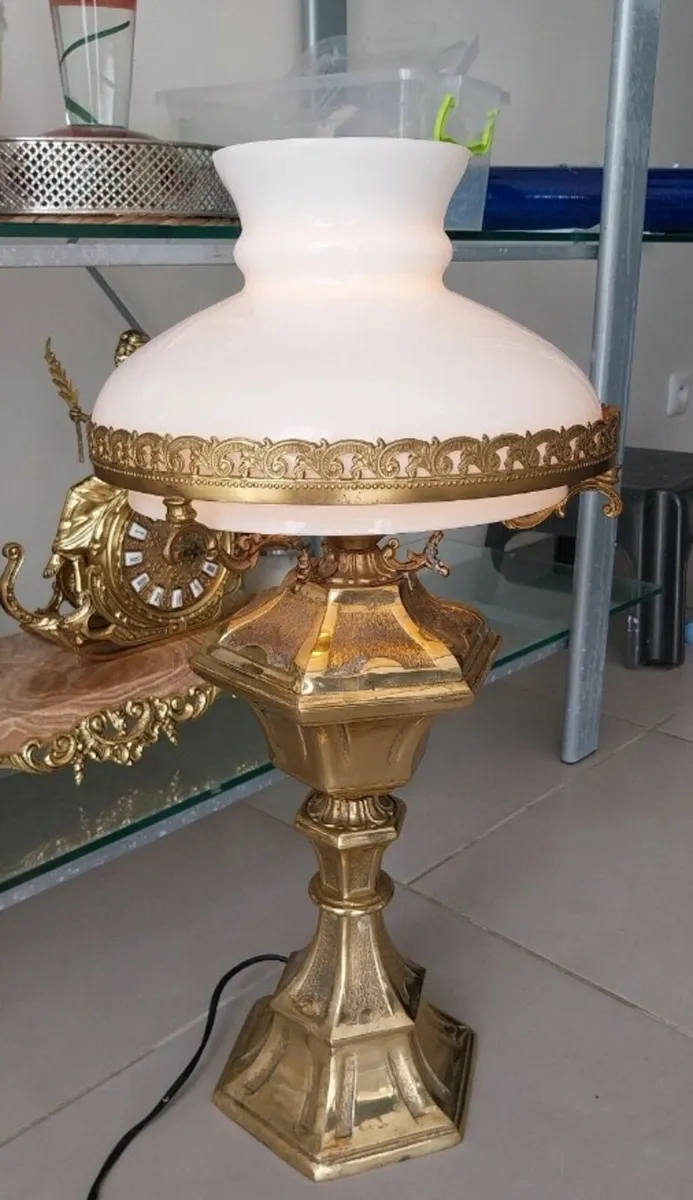 Tall brass lamp with glass shade - Image 1