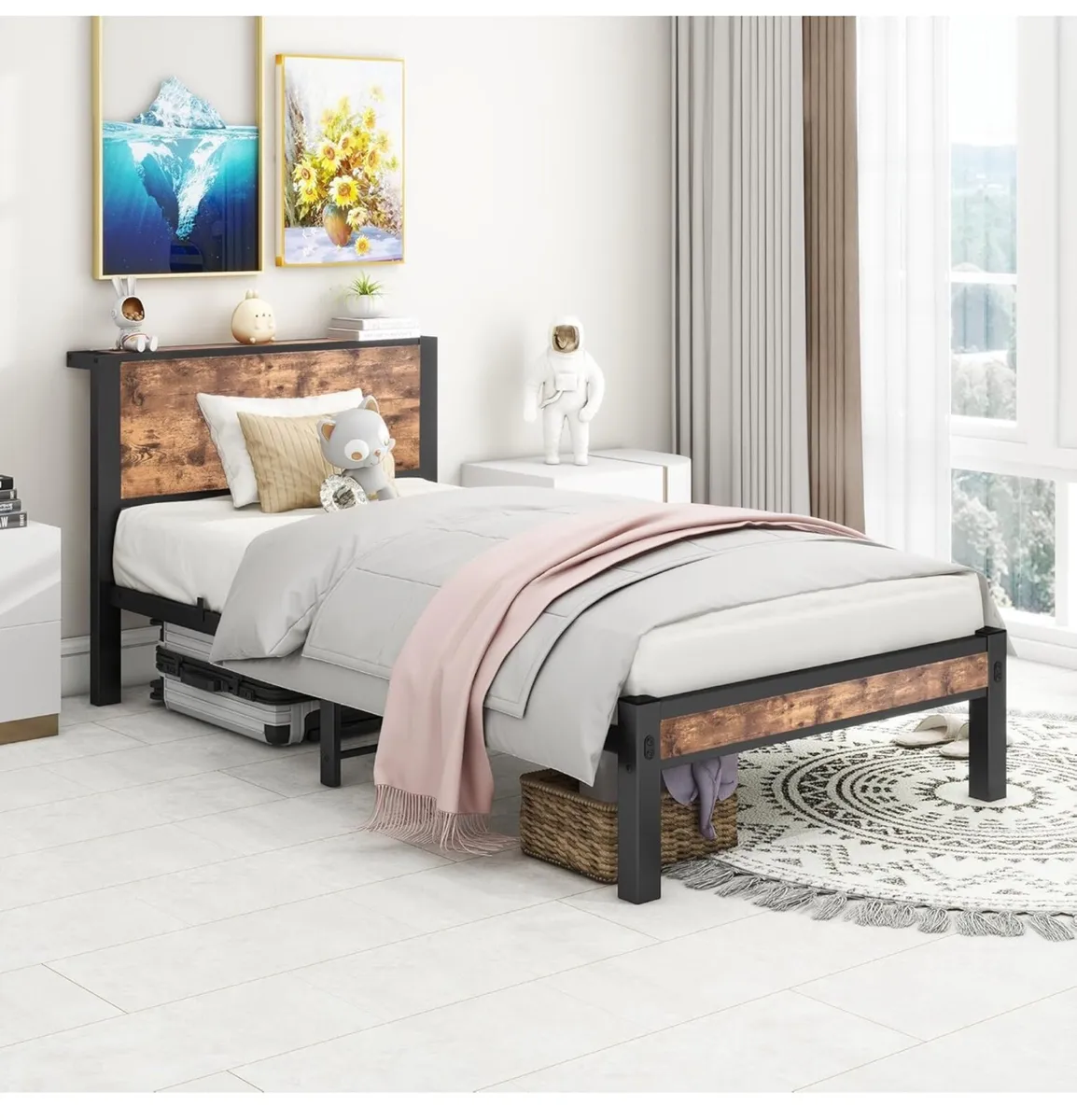 Single Bed Frame with Wood Storage Headboard - Image 4