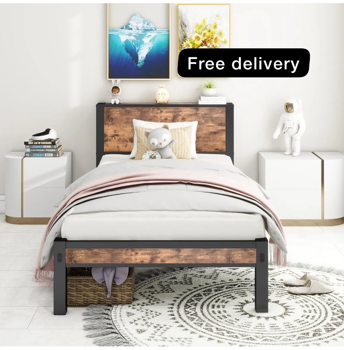 Single Bed Frame with Wood Storage Headboard - Image 1