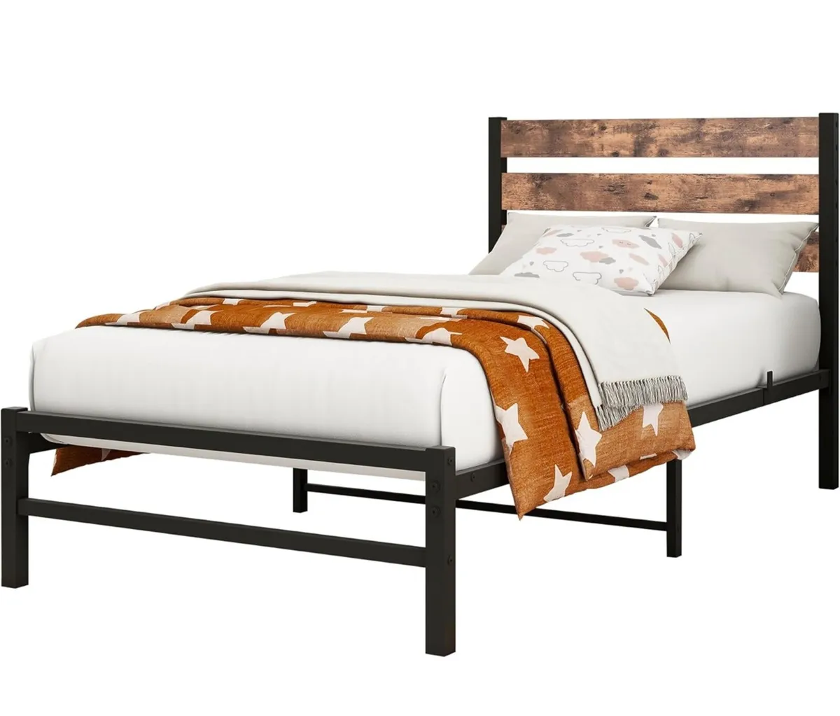 Single Bed Frame with Rustic Wood Headboard - Image 3
