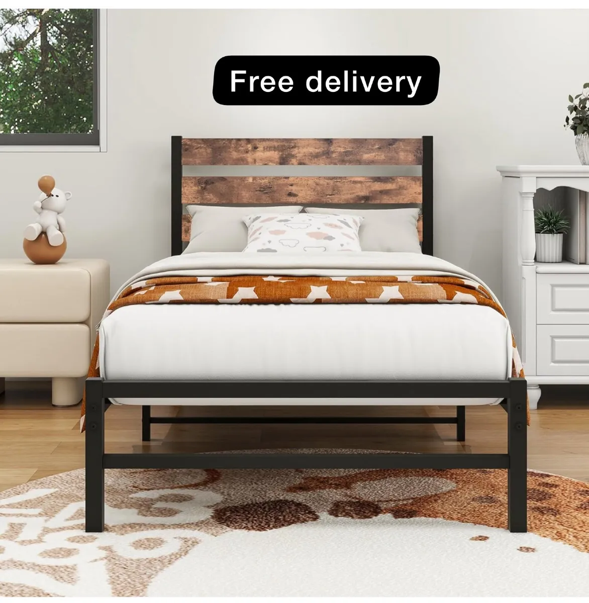 Single Bed Frame with Rustic Wood Headboard - Image 1
