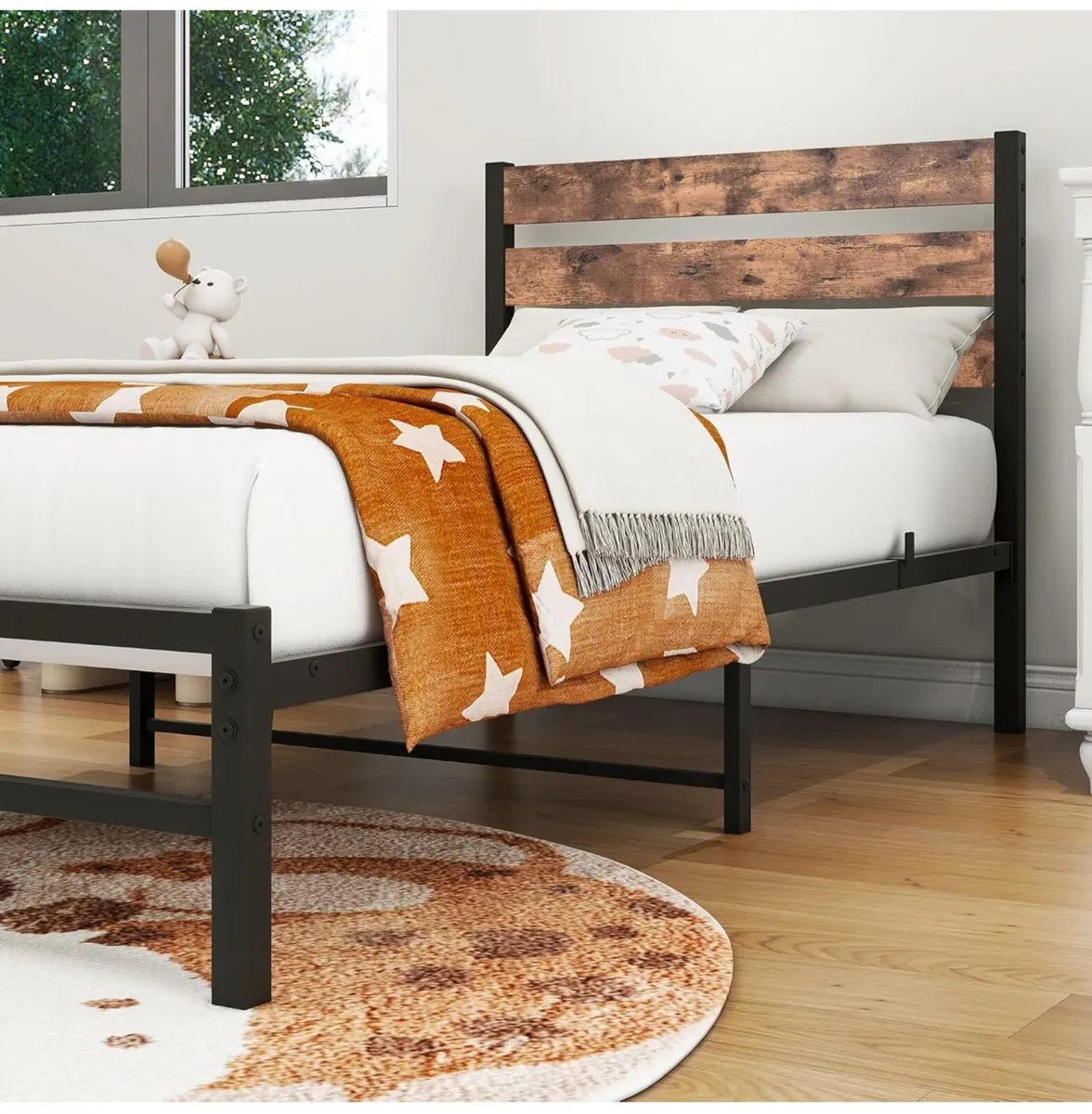 Single Bed Frame with Rustic Wood Headboard - Image 4