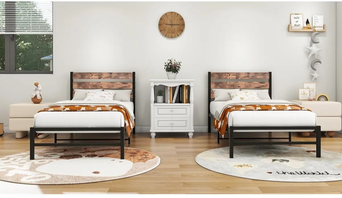 Single Bed Frame with Rustic Wood Headboard - Image 3