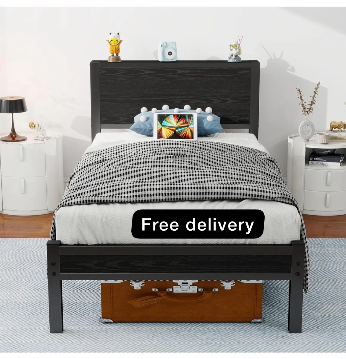 Single Bed Frame with Wood Storage Headboard - Image 1