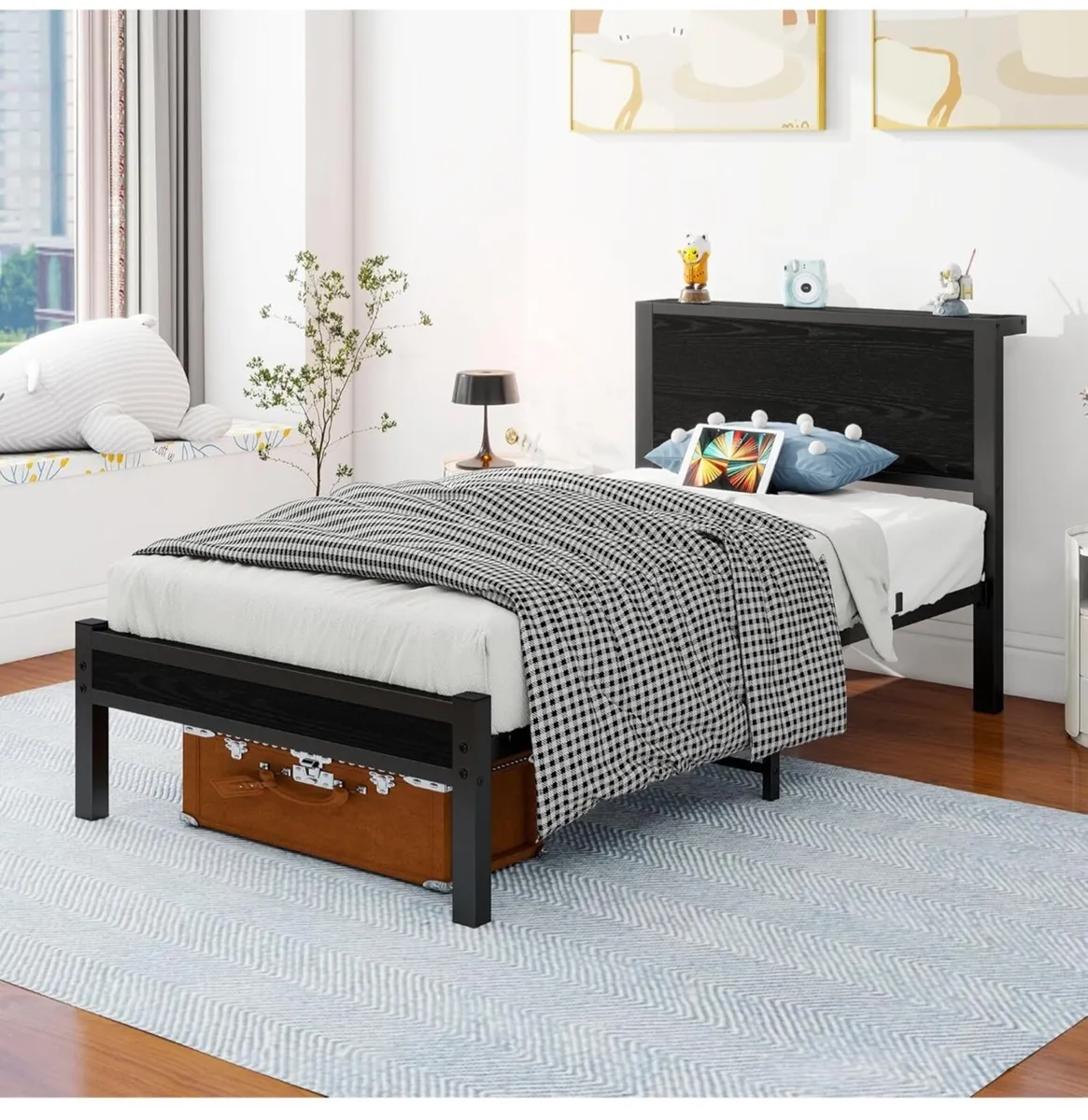 Single Bed Frame with Wood Storage Headboard - Image 1