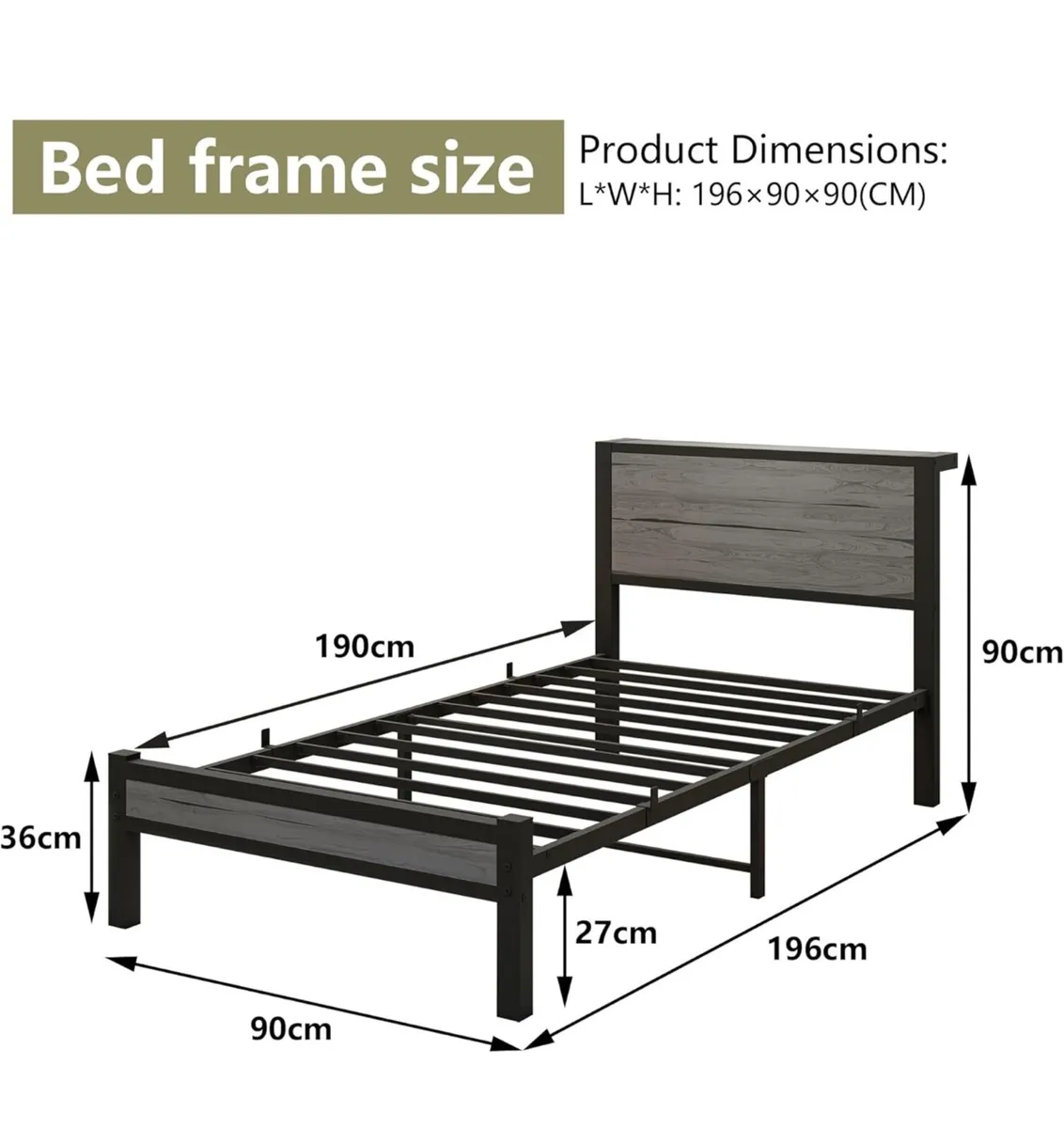 Single Bed Frame with Wood Storage Headboard - Image 3