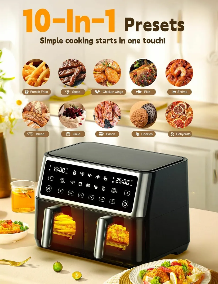 10L Dual Air Fryer 2 Drawers 10-In-1 Cooking - Image 3