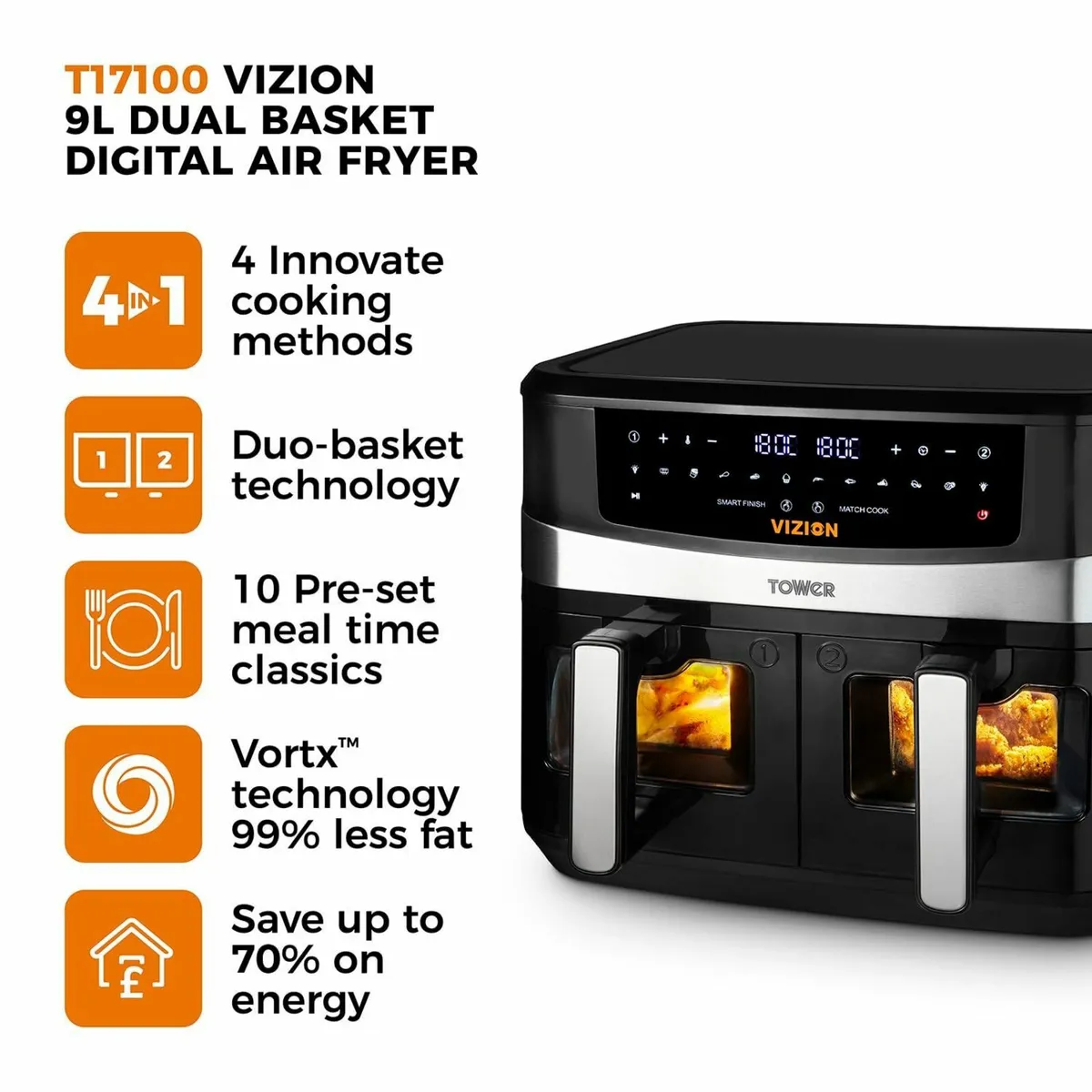 T17100 Vortx Vizion 9L Dual Basket Air Fryer with - Image 2