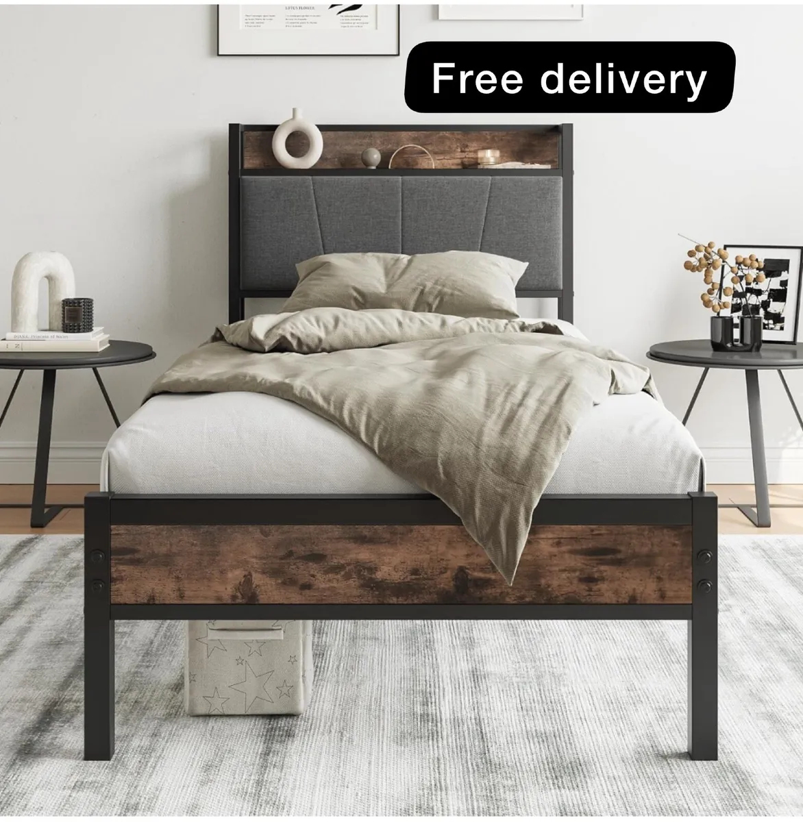 3ft Single Bed Frame with Storage Headboard - Image 1