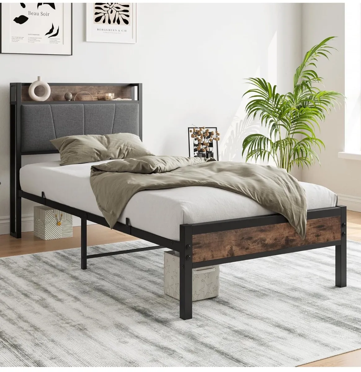 3ft Single Bed Frame with Storage Headboard - Image 1