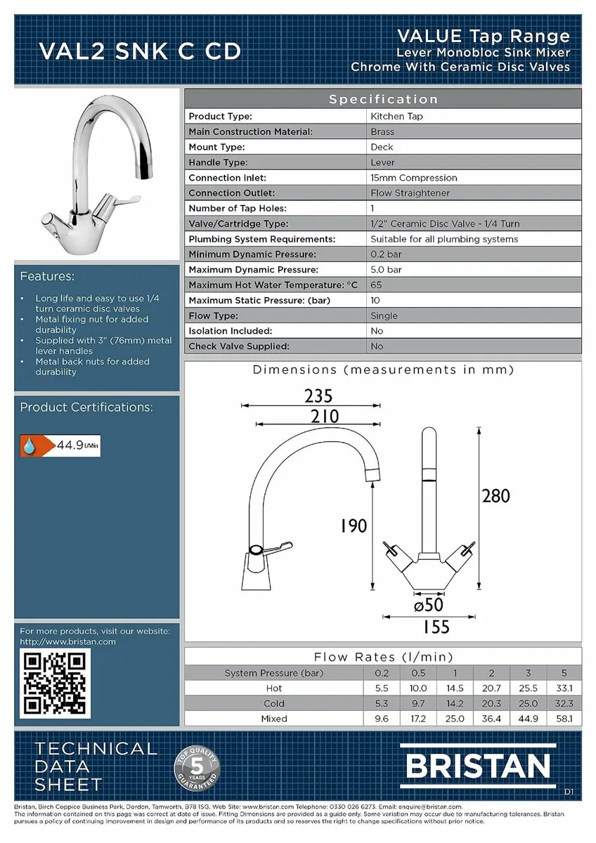 Value Sink Mixer with Durable Ceramic Disc Valves - Image 2
