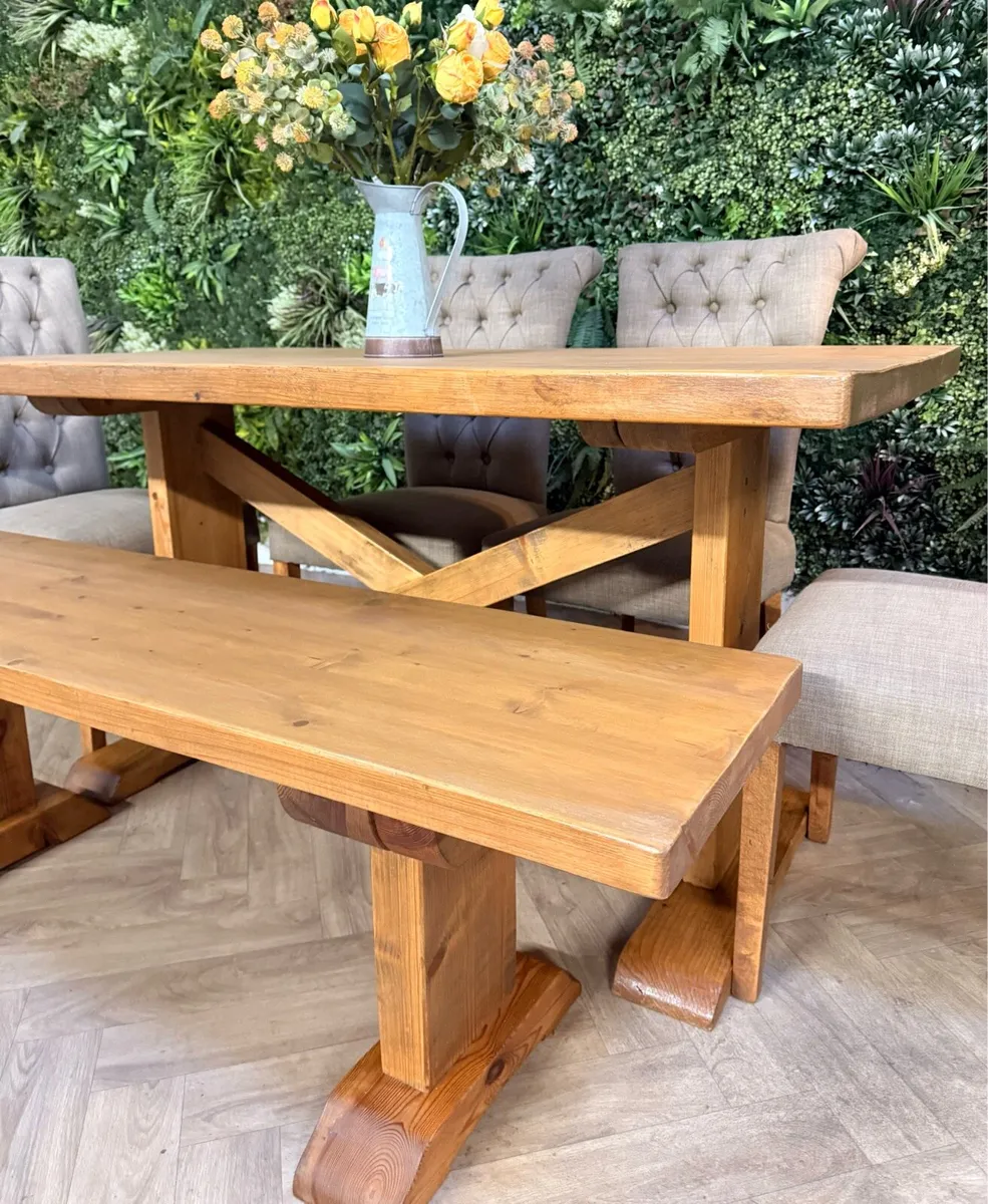 Rustic style kitchen table, 4 chairs & bench - Image 4