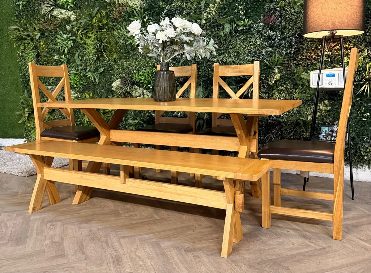 Solid oak kitchen table, 4 chairs & bench - Image 2