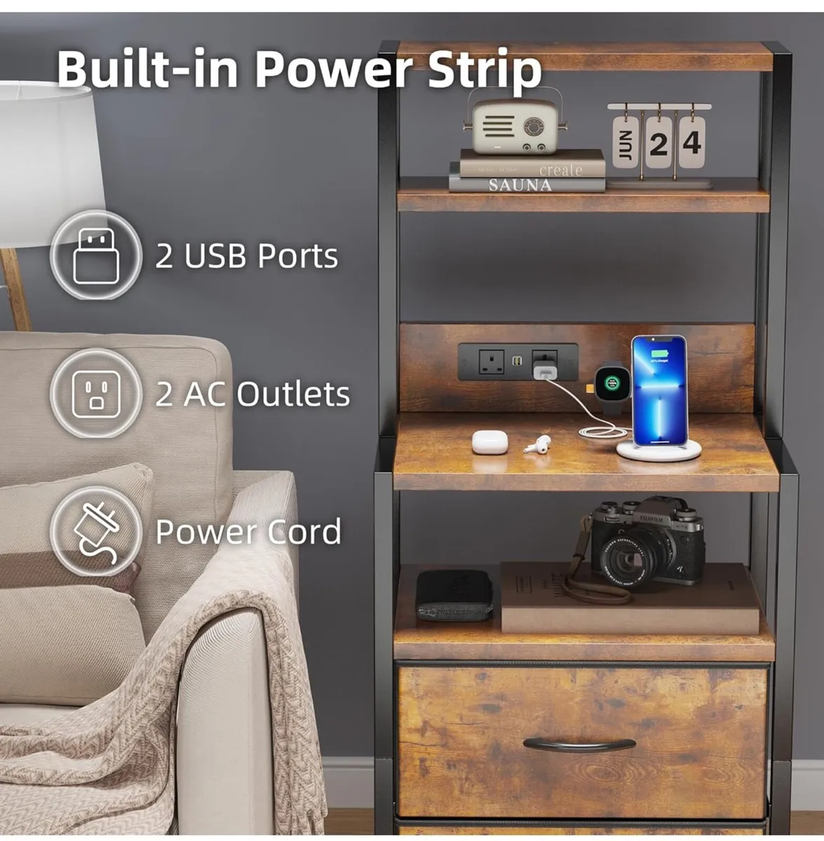 Bedside Table with Charging Station and LED Light - Image 3