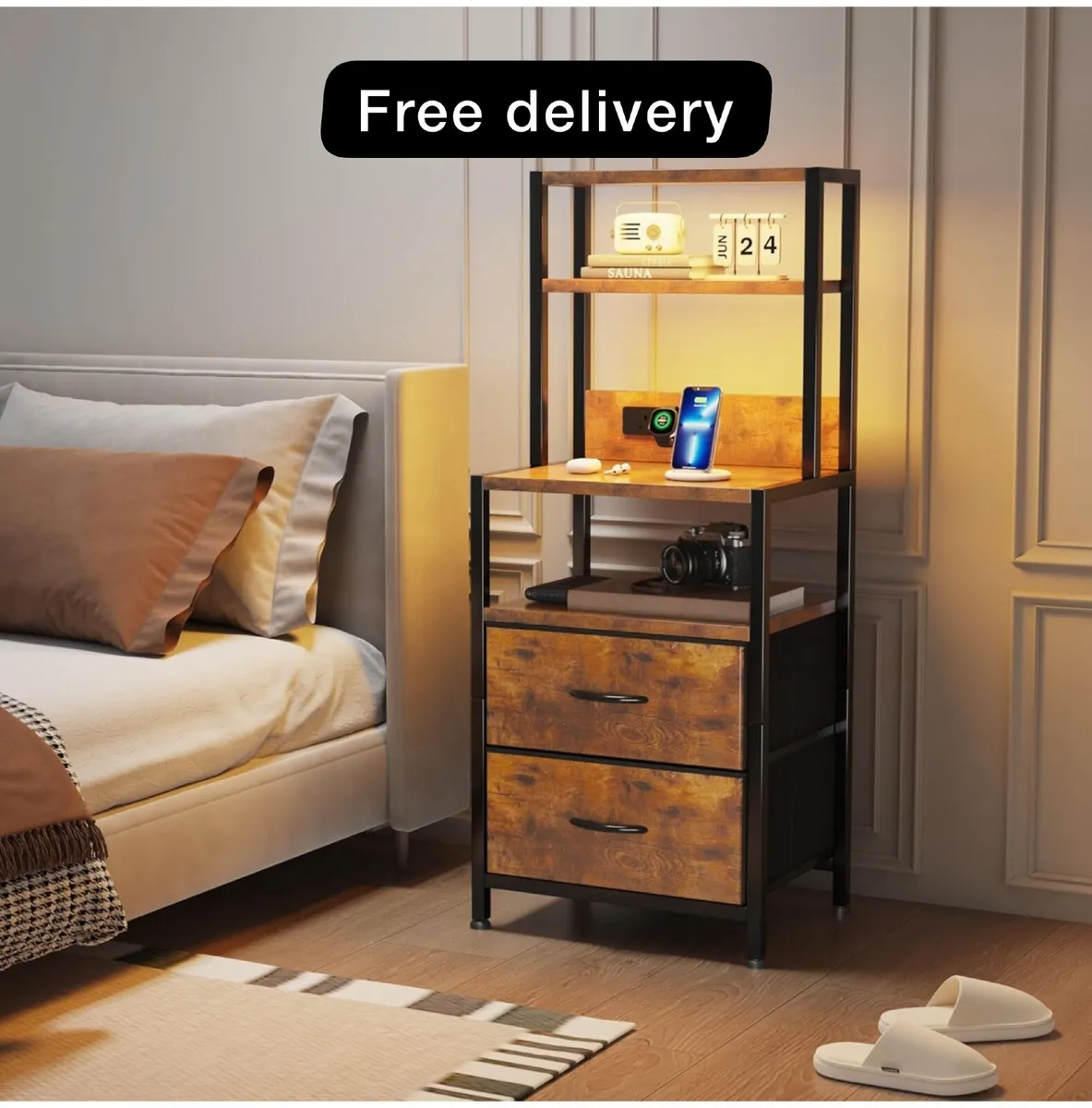 Bedside Table with Charging Station and LED Light - Image 1