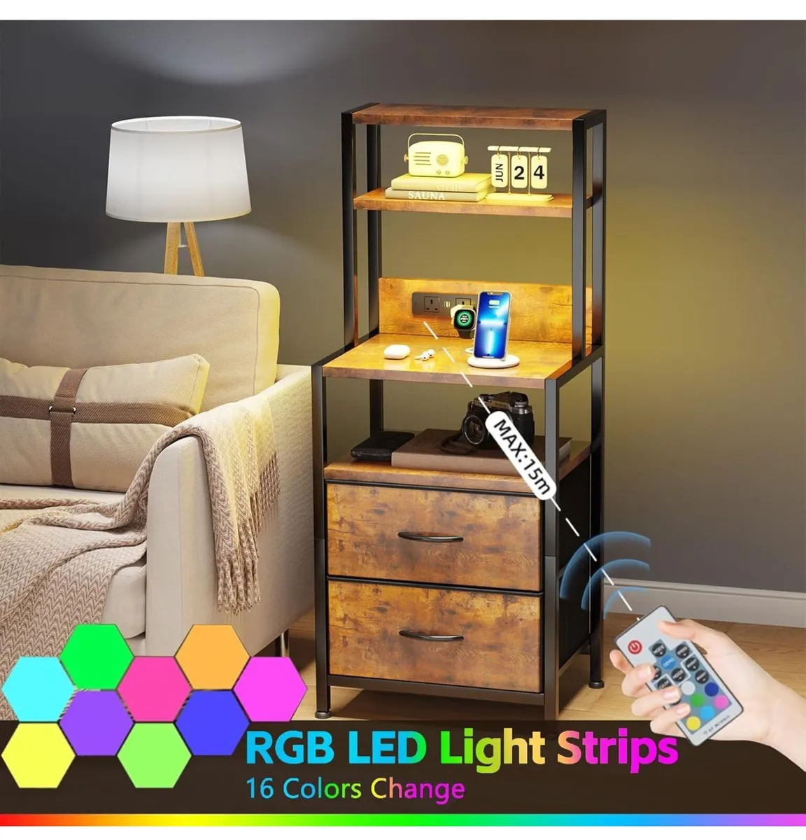 Bedside Table with Charging Station and LED Light - Image 1