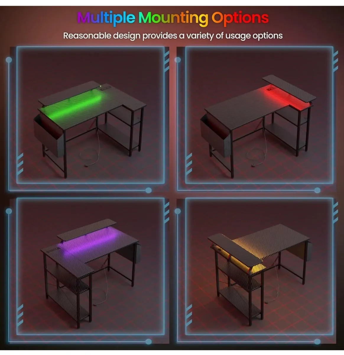 L Shaped Gaming Desk with LED Lights & Power Outle - Image 2