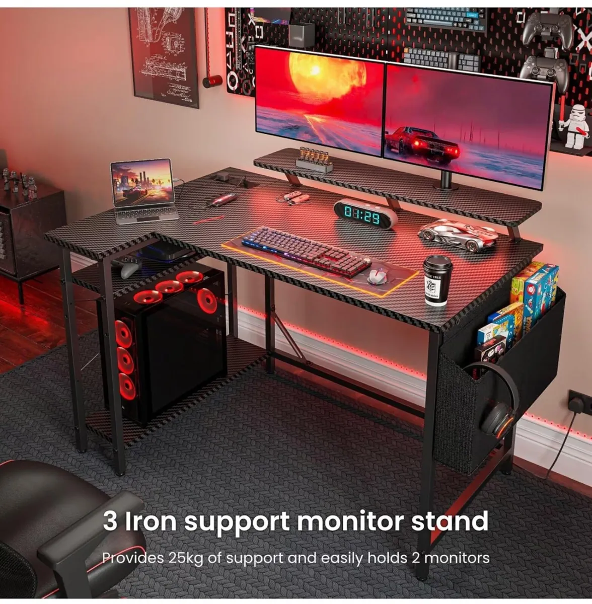 L Shaped Gaming Desk with LED Lights & Power Outle - Image 1