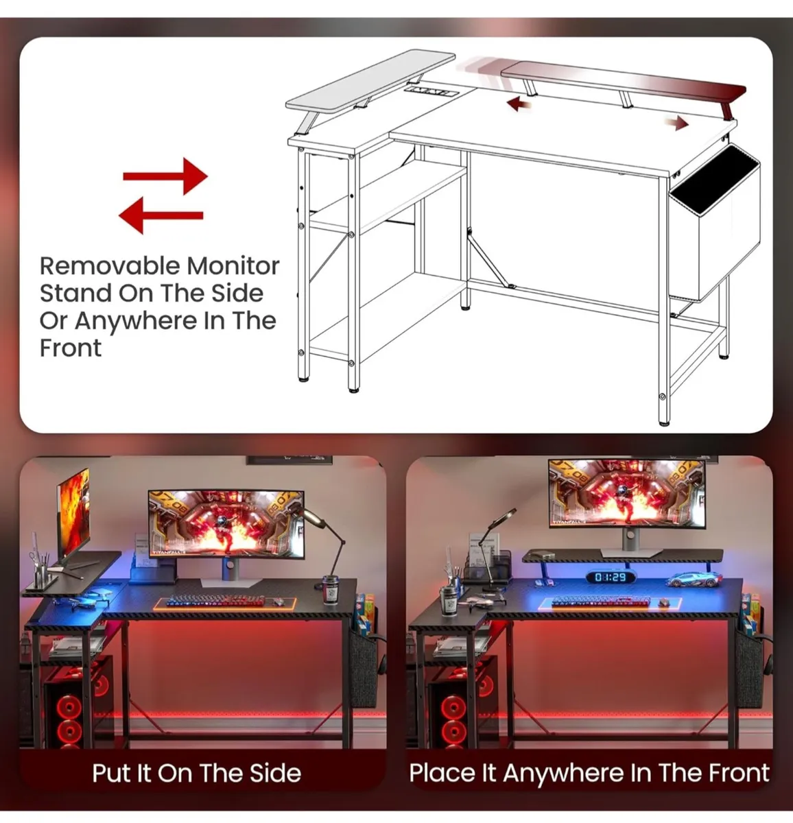 L Shaped Gaming Desk with LED Lights & Power Outle - Image 4