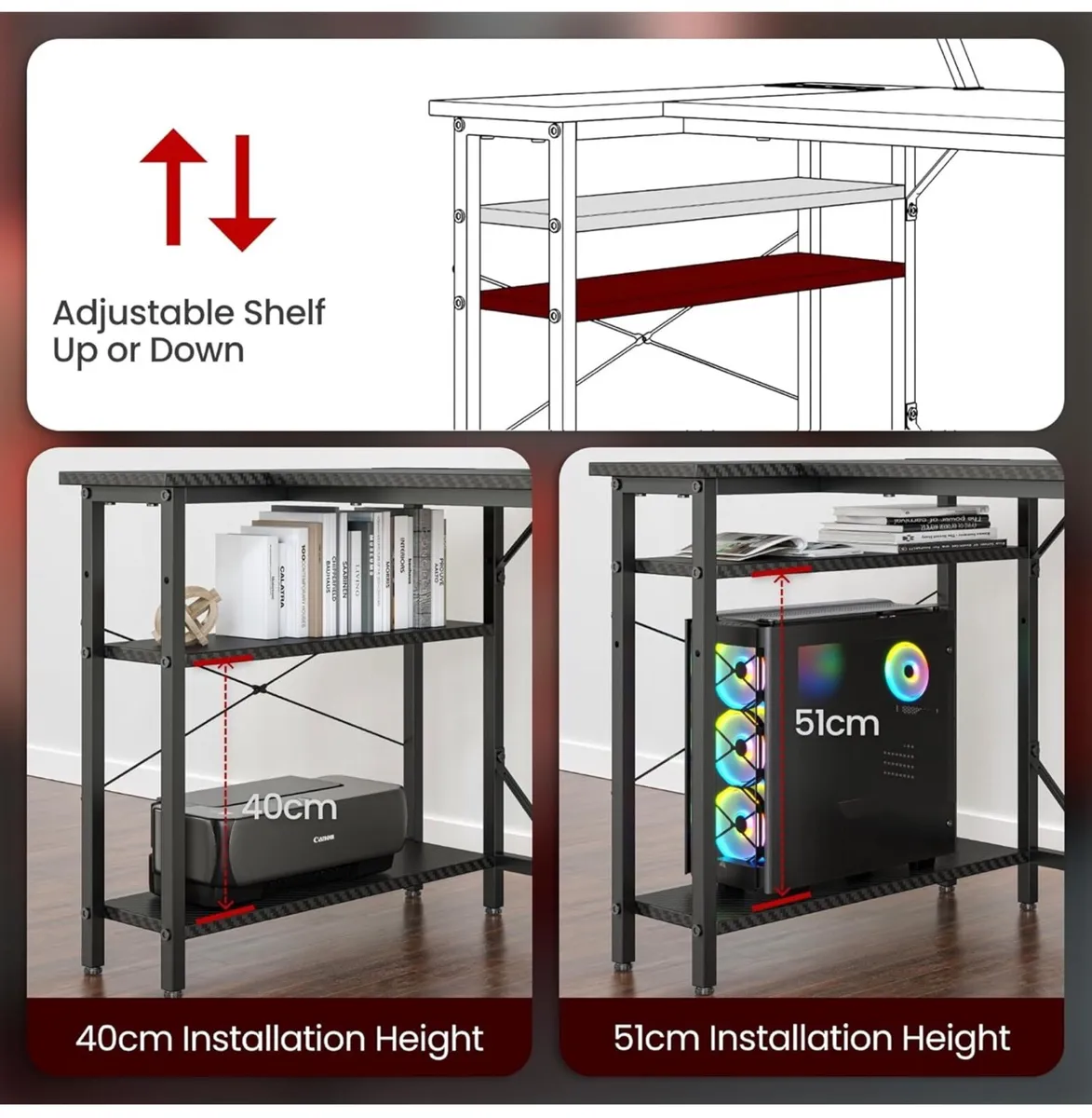 L Shaped Gaming Desk with LED Lights & Power Outle - Image 3