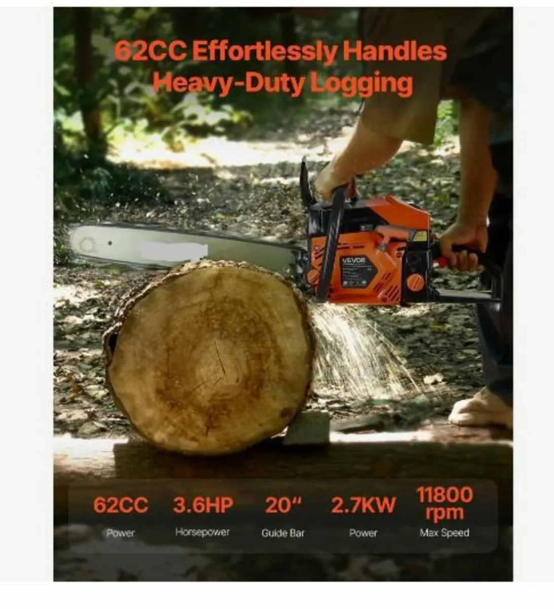 62 cc Gas Chainsaw, 20 inch Gas Powered Chainsaw - Image 2