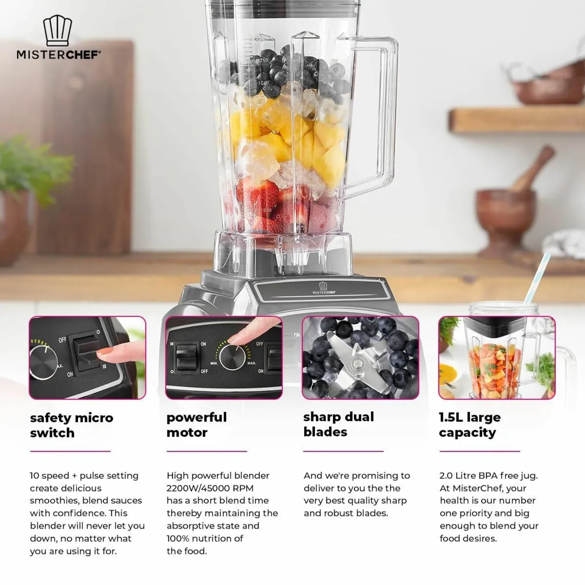 Multi Speed Smoothie Blender / 2200W with 2L - Image 3