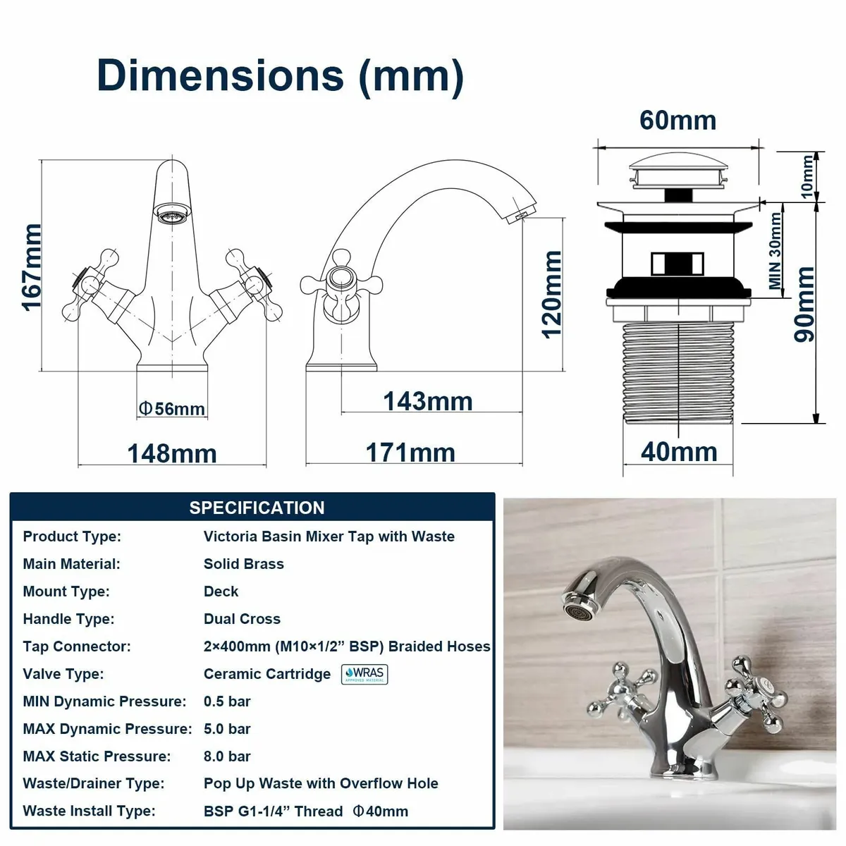 Victoria Bathroom Sink Tap for Basin with Pop Up - Image 2