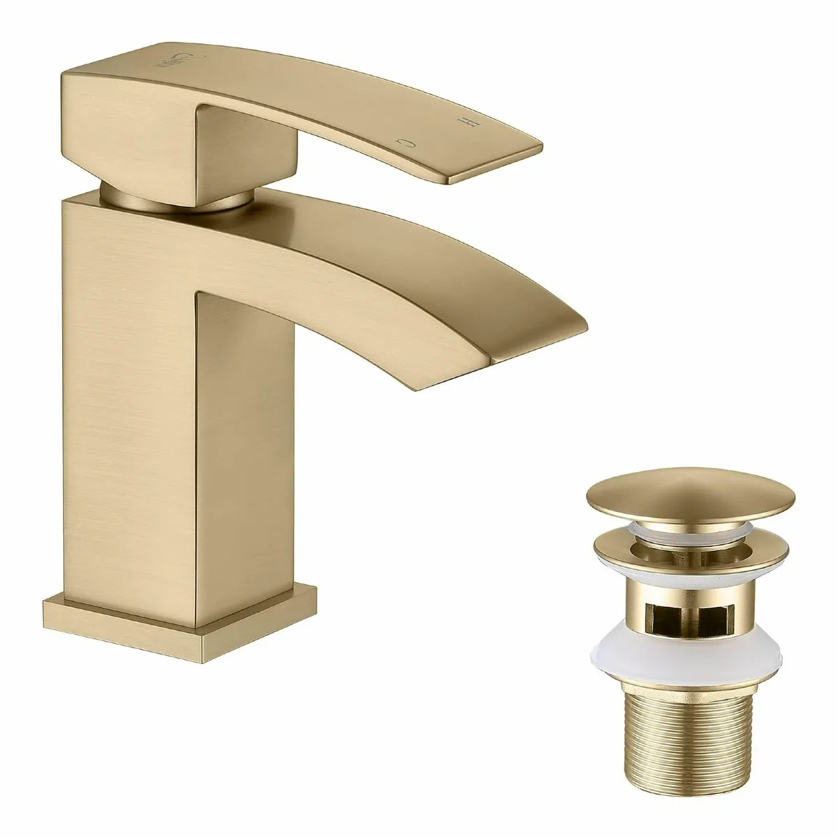 Waterfall Brushed Gold Bathroom Taps with Pop Up - Image 1