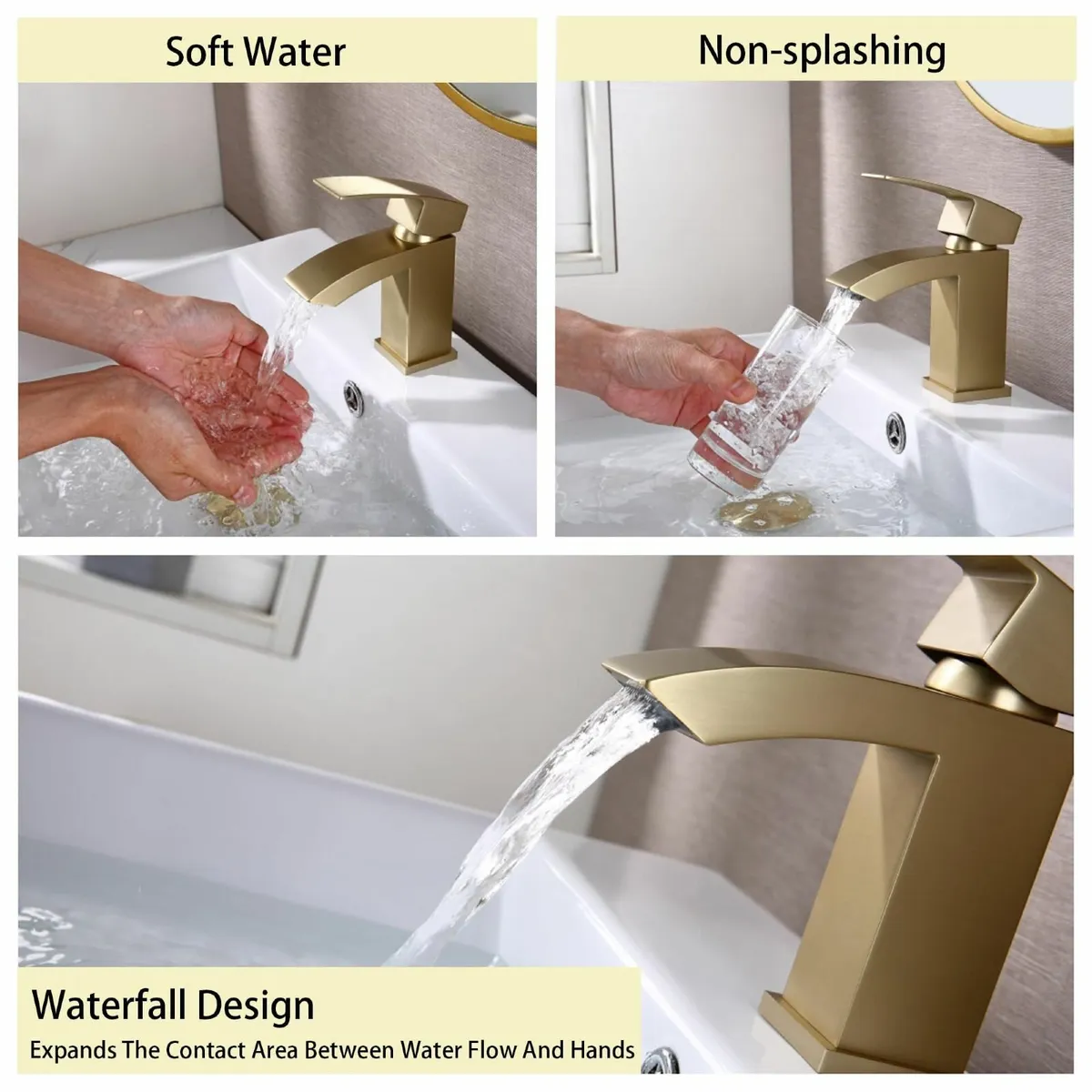 Waterfall Brushed Gold Bathroom Taps with Pop Up - Image 4