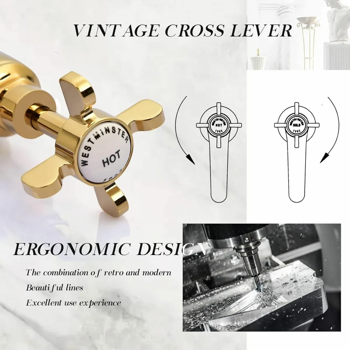 Polished Gold Basin Pillar Taps Pair Two Bathroom - Image 4