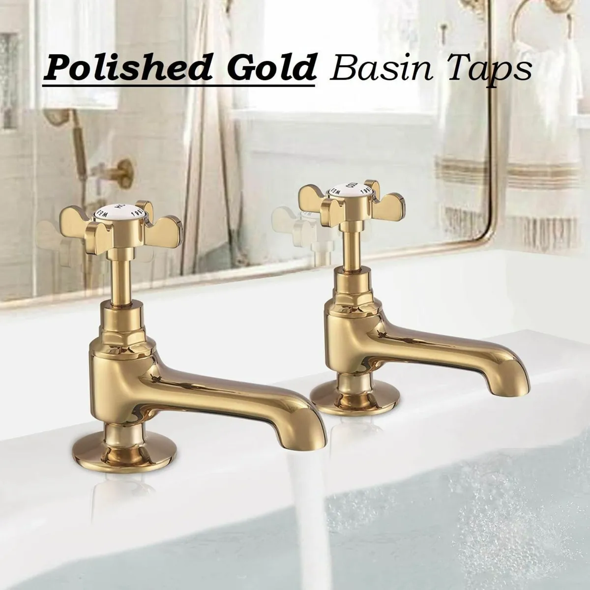 Polished Gold Basin Pillar Taps Pair Two Bathroom - Image 2