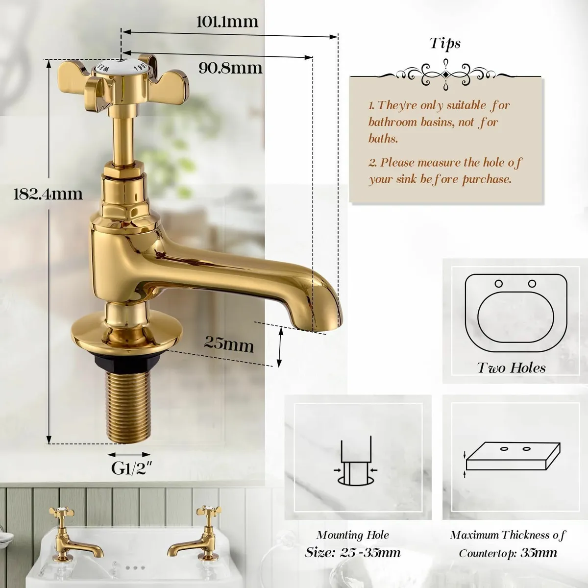 Polished Gold Basin Pillar Taps Pair Two Bathroom - Image 3
