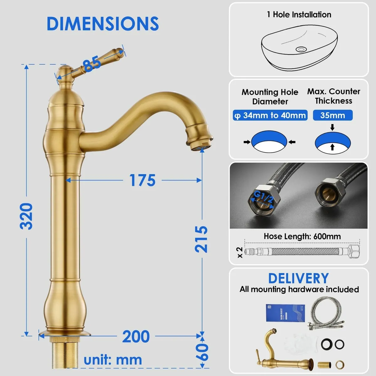 Antique Brass Vintage Retro Tall Tap for Bathroom - Image 2