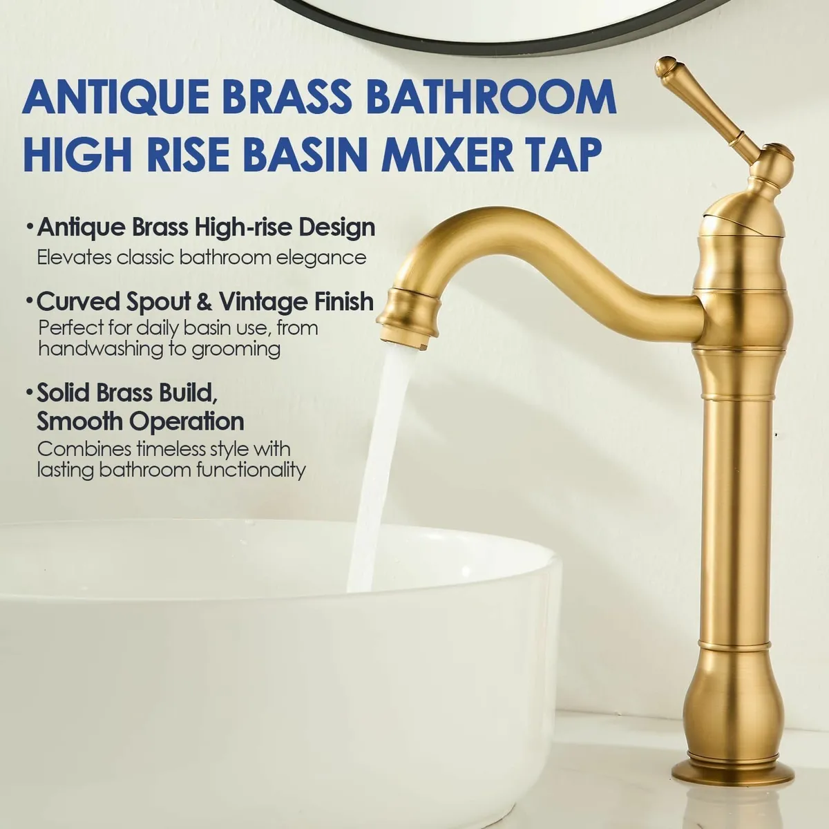 Antique Brass Vintage Retro Tall Tap for Bathroom - Image 3