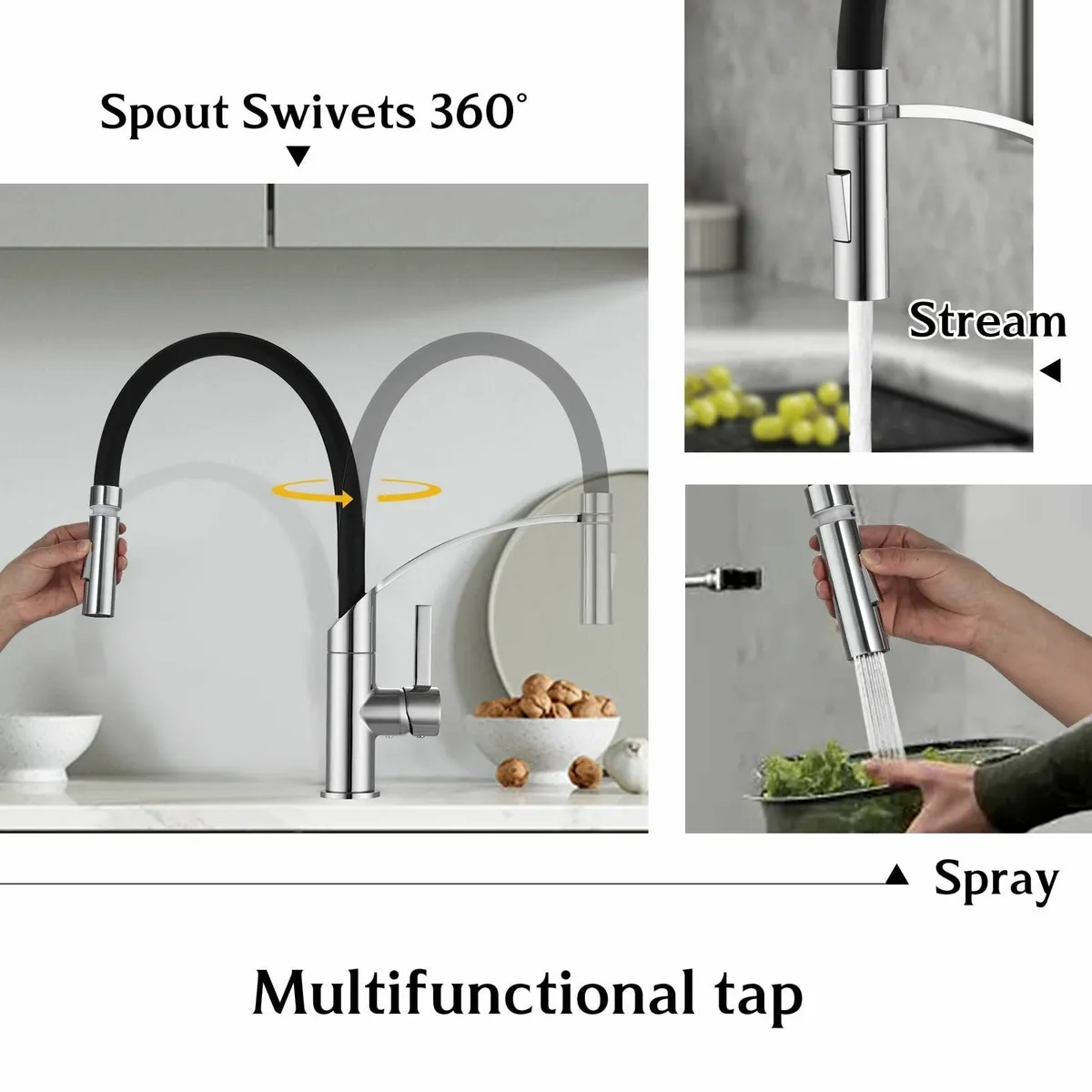 Flexible Kitchen Taps with Pull Out Spray Black - Image 4