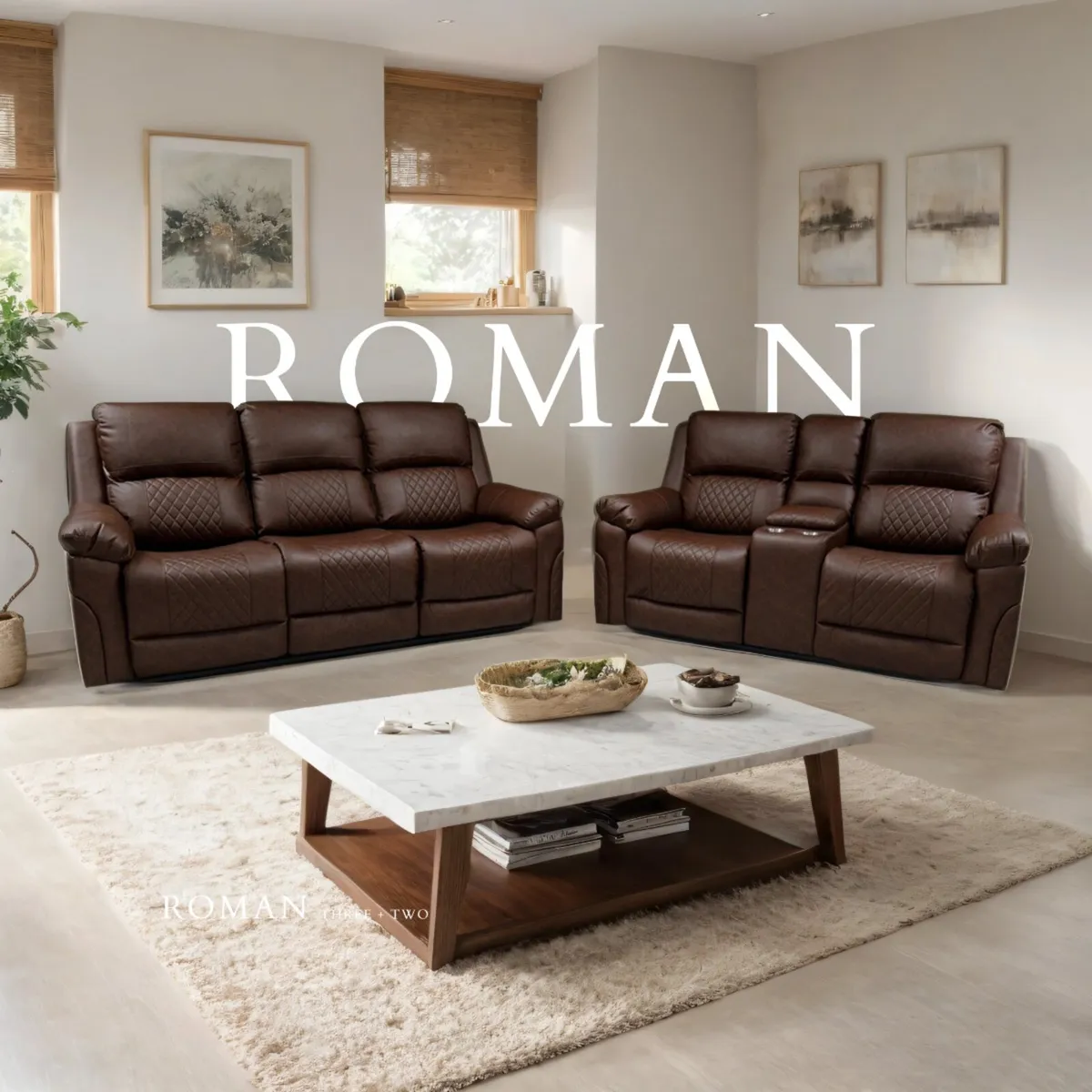 Roman 3+2 Brown Leather Recliner Sofa Set - Image 1