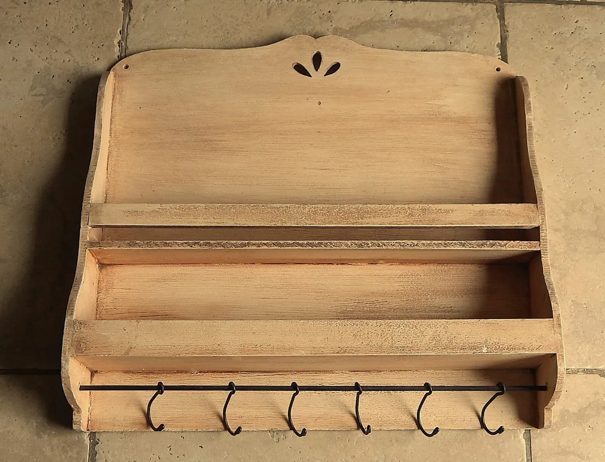 Handmade Wooden Plate Rack with Hooks - Image 1