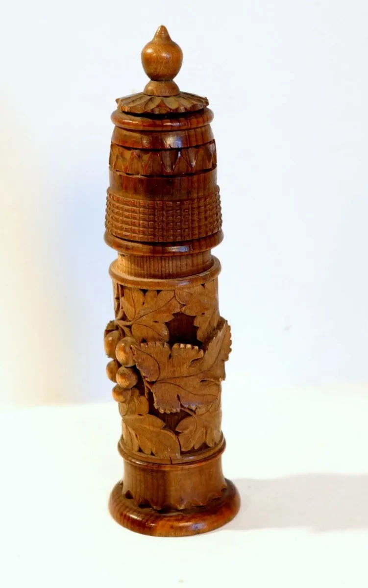 Antique carved wood spice cylinder - Image 1