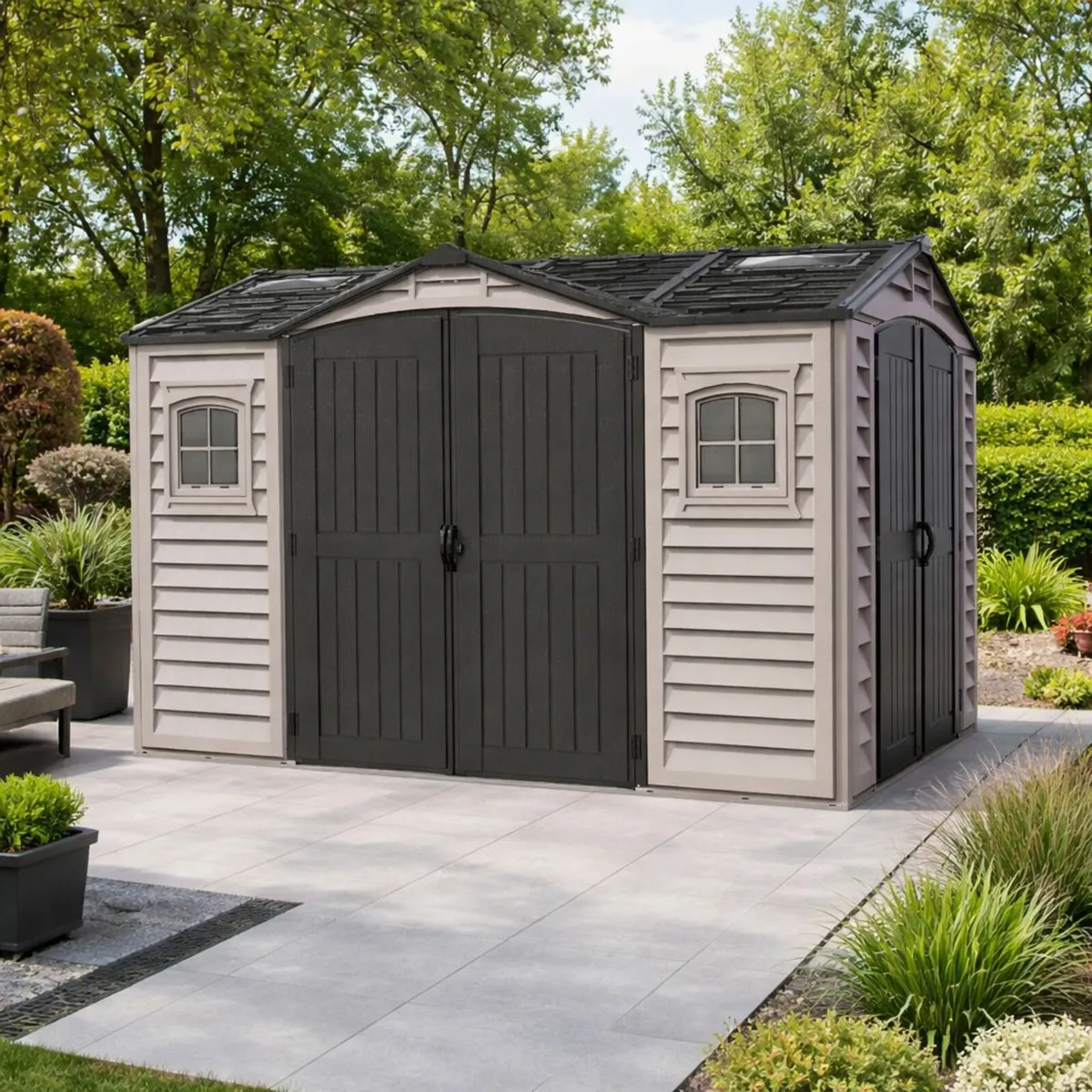 Apex Pro PLUS 10.5×8 Vinyl Garden Shed Dual Access - Image 1