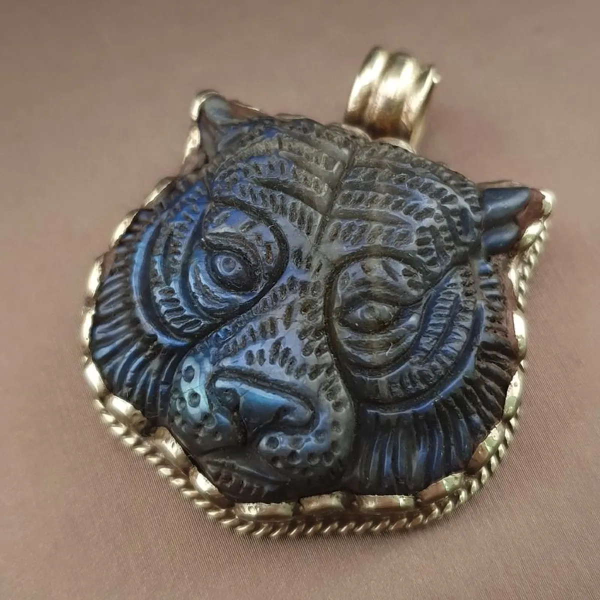 Labradorite Tiger Face Carved Stone Vintage Brass Pendant - Image 1