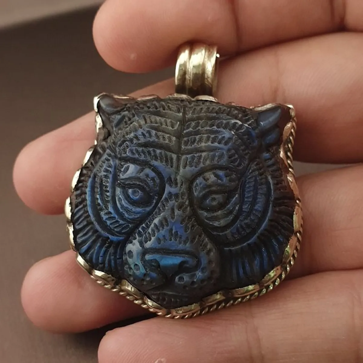 Labradorite Tiger Face Carved Stone Vintage Brass Pendant - Image 3