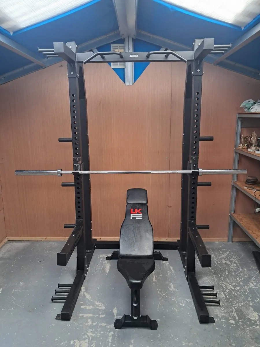 Gym squat rack , bench , Olympic barbell, weights - Image 1