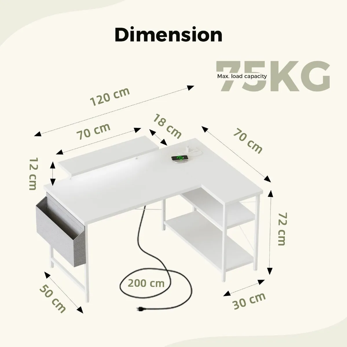 L-shaped desk 120x70cm gaming table with 2 - Image 2