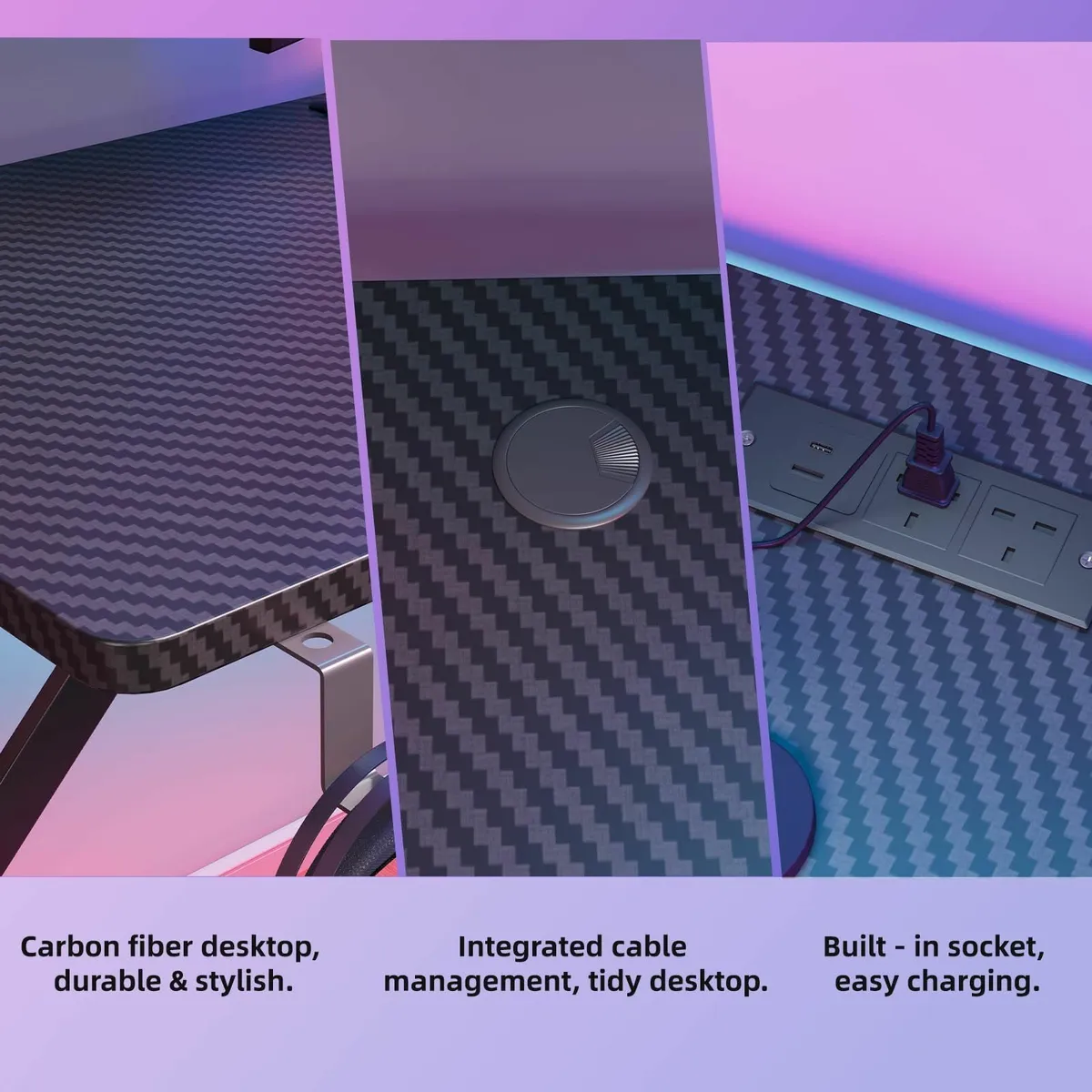 55'' Gaming Desk Carbon Fibre Computer with - Image 3